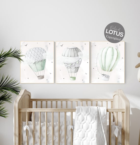 Nursery decor gender neutral, sage green, hot air balloon, green nursery, baby room decor, nursery prints, travel theme nursery, adventure