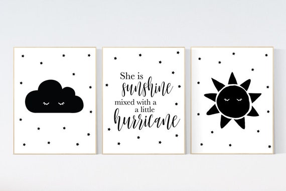 Nursery wall art black and white, nursery decor neutral, baby room decor gender neutral, cloud and sun, black white nursery wall decor