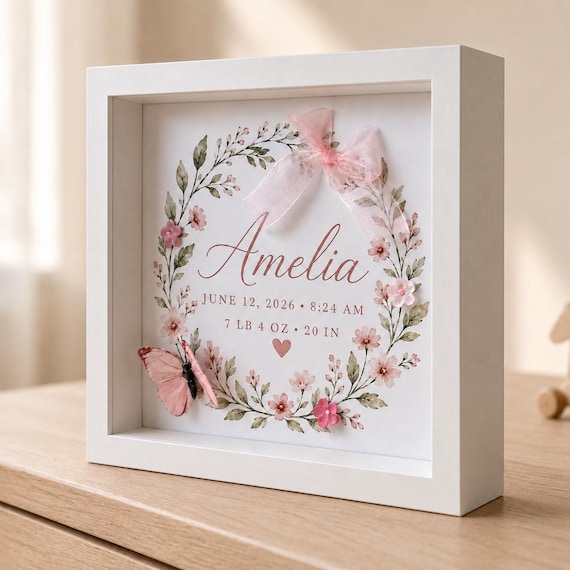 Personalized Baby Birth Stats Frame, 9x9 Pink Floral Nursery Art