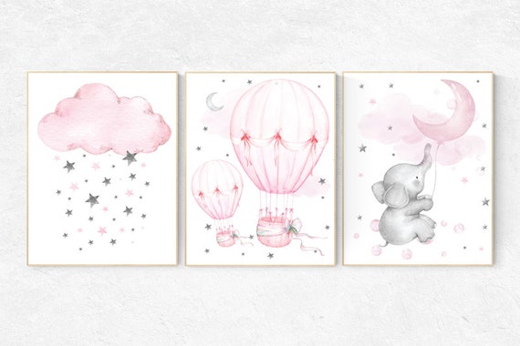 Nursery Elephant Print, Pink Elephant art, Elephant Nursery Art, Baby Girl Room, hot air balloon, Girl Nursery Wall Art, Elephant Wall Art