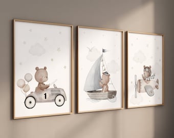 Teddy Bear Nursery Print: Travel Theme, Grey Nursery Decor