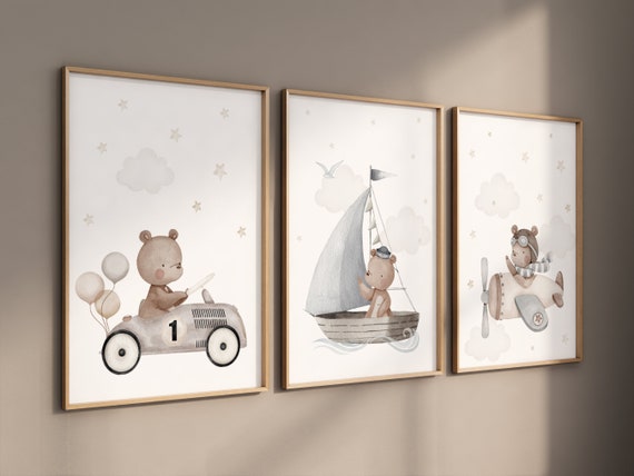 Nursery decor bear, gender neutral nursery, travel nursery, plane nursery, car nursery, bear nursery print, teddy bear decor, grey nursery