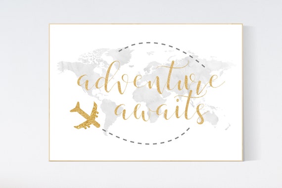 Watercolor world map, gold nursery, adventure awaits, gray nursery, travel theme nursery, world map poster, adventure nursery