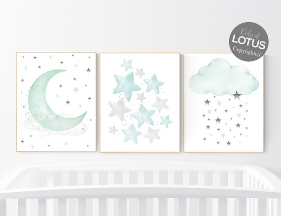 Moon and Stars Nursery Wall Art Set of 3 - Mint Green Cloud Print - Gender Neutral Baby Room Decor, Nursery prints, baby room art