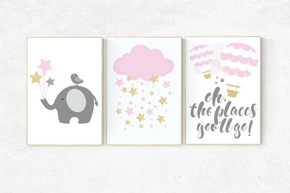 Baby room decor girl gold and pink, Nursery decor girl gold, nursery wall art elephant, nursery decor pink and gold baby room decor elephant