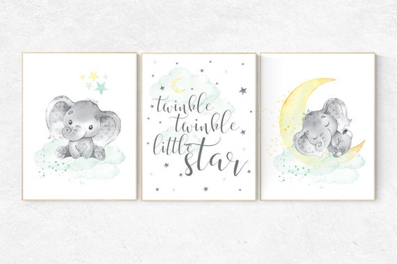 Mint and yellow nursery, nursery wall art neutral, moon and stars nursery, baby room decor, twinkle twinkle, gender neutral nursery art