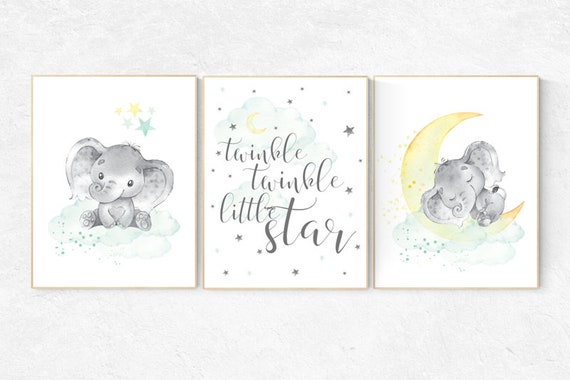 Mint and yellow nursery, nursery wall art neutral, moon and stars nursery, baby room decor, twinkle twinkle, gender neutral nursery art