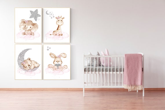 Woodland animals, Nursery decor girl elephant, animal nursery, bunny nursery art, pink silver, bear nursery, giraffe baby room wall art