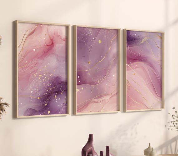 Pink Marble Wall Art Set – Abstract Blush and Purple Prints with Gold Accents – Modern Glam Bedroom or Living Room Decor