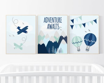 Adventure nursery decor, travel adventure nursery, nursery wall art boy, nursery prints boy mountain, airplane, world map, adventure awaits