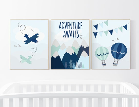 Adventure nursery decor, travel adventure nursery, nursery wall art boy, nursery prints boy mountain, airplane, world map, adventure awaits