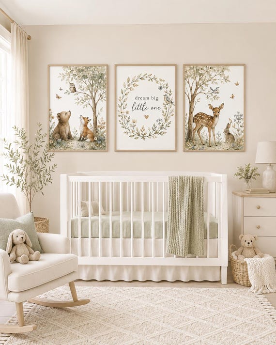 Woodland Nursery Art Set, Bear Fox Deer Bunny Prints, Dream Big Little One