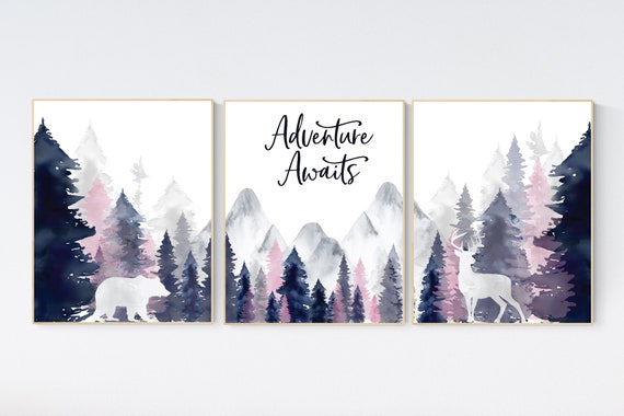 Nursery decor woodland, mountain wall art, tree nursery decor, adventure theme nursery, forest, navy and pink, woodland animals, navy pink