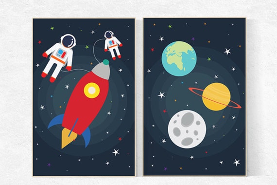 Space Theme Nursery Boys Rocket Ship Nursery Wall Art Playroom, Bedding Nursery Prints Set 2 Prints, Nursery space theme, space nursery art