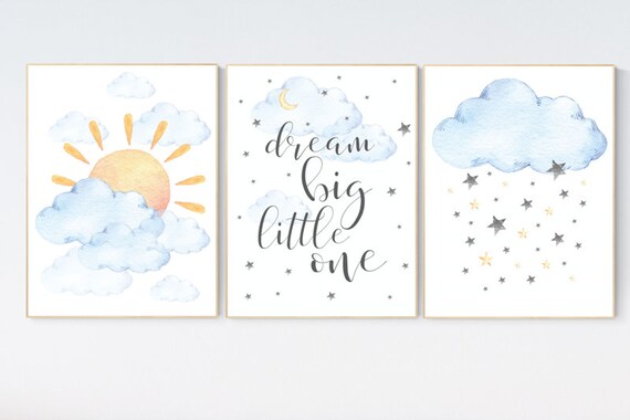 Nursery decor clouds, sunshine nursery, gender neutral nursery wall art, dream big little one, sun, cloud, baby room decor, blue yellow