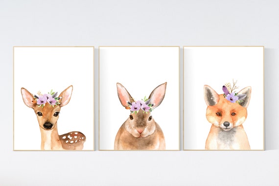 Nursery decor purple, Woodland nursery, flower animal print, lilac nursery, animal flower crown, lavender nursery, nursery prints animals