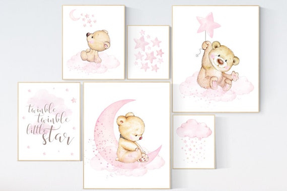 Nursery decor girl, bear nursery decor, teddy bear nursery girl, baby room art, bear print nursery. pink nursery decor, nursery artwork