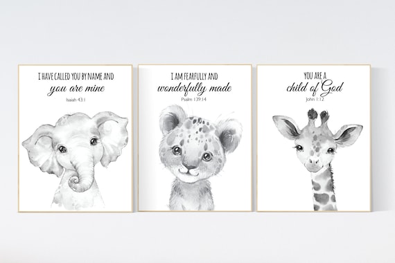 Nursery wall art animals, gray nursery, gender neutral, neutral nursery, verse nursery, bible verse, bear, elephant, giraffe, animal prints