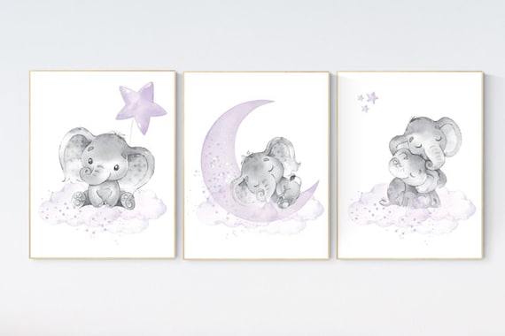 Girls room decor lilac, Nursery decor girl lavender, nursery decor elephant girl, moon and stars, lavender, star nursery lilac nursery decor