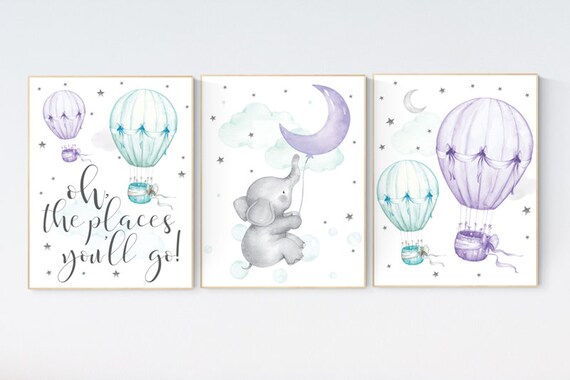 Nursery decor girl elephant, nursery decor girl purple, hot air balloon, purple mint, lavender, nursery decor girl lila, lilac mint, aqua