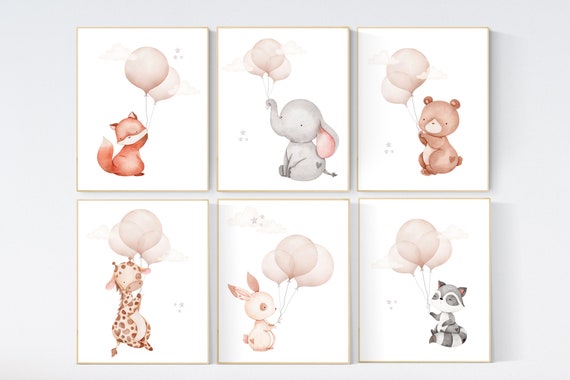 Nursery wall art animals, gender neutral nursery, neutral nursery, baby room decor, bear, elephant, giraffe, animal prints, balloon animals