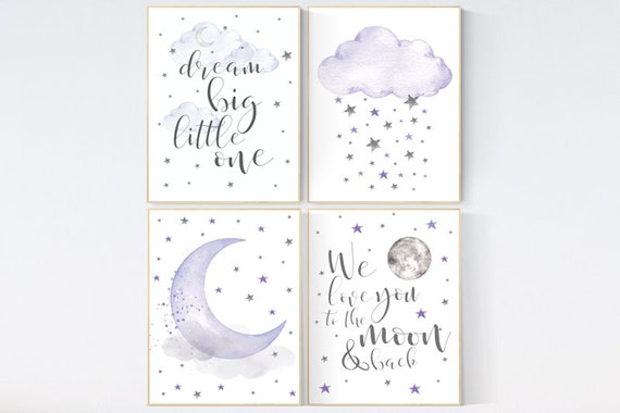 Baby room decor girl purple, nursery wall art, nursery decor lavender, lilac, dream big little one, cloud and stars, baby room decor, moon