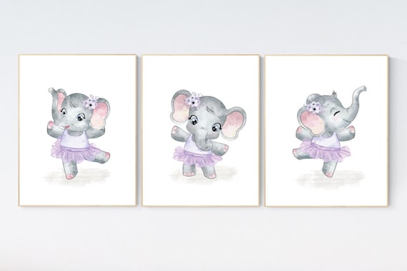 Ballerina elephant, baby room decor girl, purple, lilac, Elephant nursery art, nursery prints girl, nursery print, lavender, ballet theme