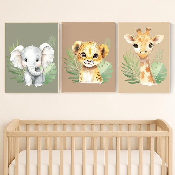 Safari Animal Nursery Wall Art – Jungle Baby Elephant, Lion, and Giraffe Prints – Neutral Safari Decor for Boys or Girls (Set of 3)