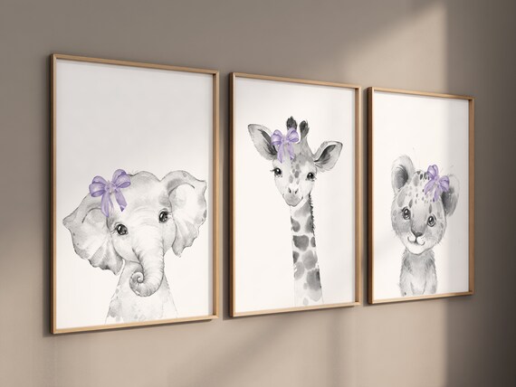 Purple nursery, girl nursery decor, animal nursery, Safari animals, purple Nursery Prints, elephant nursery, giraffe nursery, bear nursery