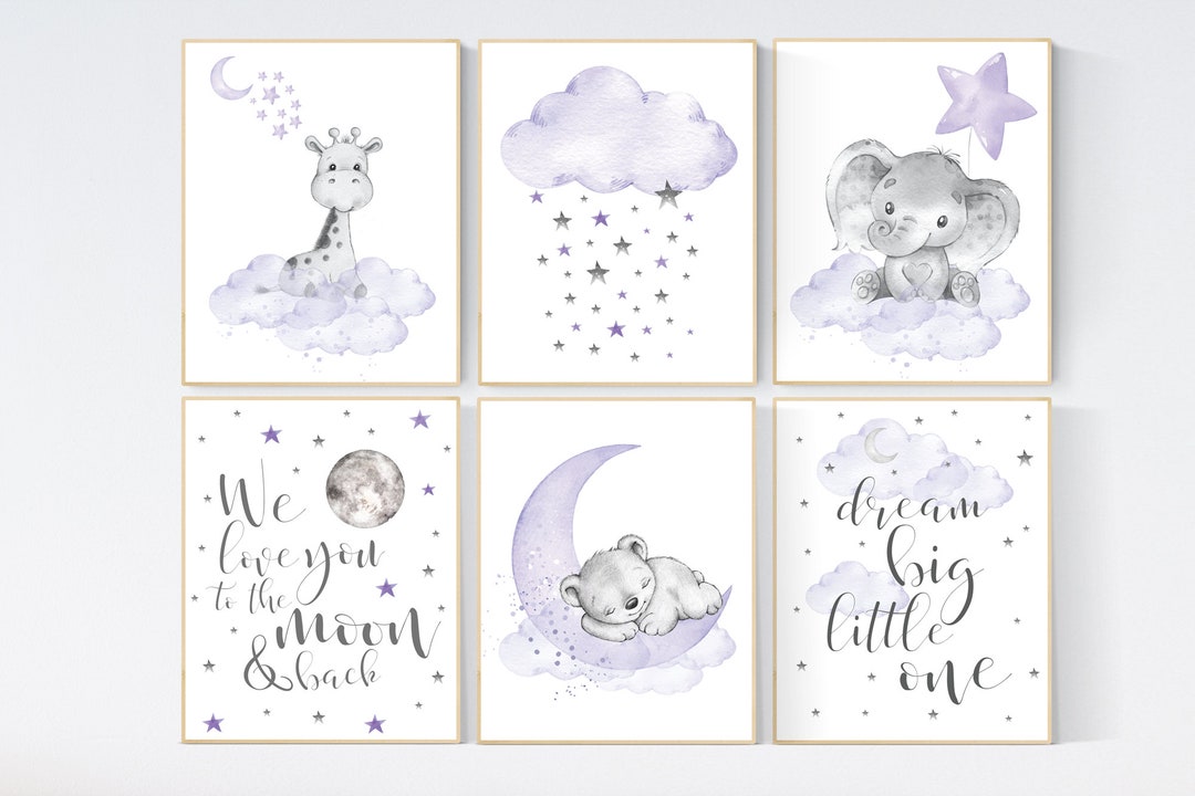 Nursery Decor Girl Lavender, Purple Nursery Wall Art, Elephant, Giraffe