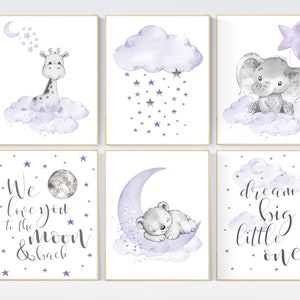 Nursery decor girl lavender, purple nursery wall art, elephant, giraffe, bear, nursery prints animals, baby room decor, nursery art