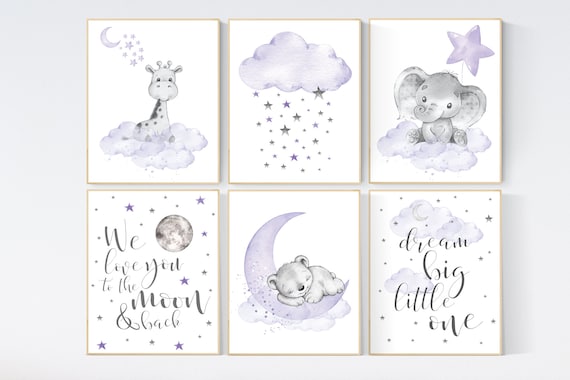 Nursery decor girl lavender, purple nursery wall art, elephant, giraffe, bear, nursery prints animals, baby room decor, nursery art