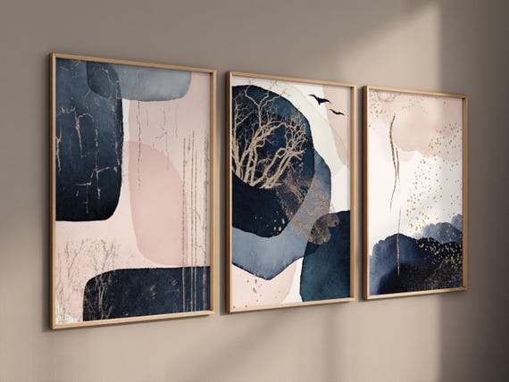 Navy and Blush Abstract Wall Art Set – Gold Accents Modern Boho Prints for Living Room, Bedroom, Office – Set of 3, navy blue and pink blush