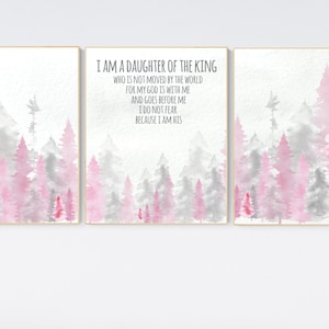 Nursery decor woodland, mountain wall art, pink gold nursery decor, adventure theme nursery, forest, pink and gray, woodland animals