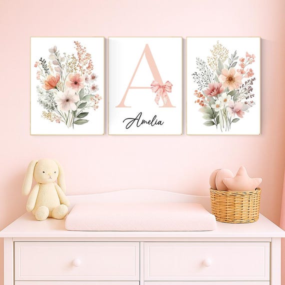Blush Pink Wildflower Nursery Prints: Boho Botanical Decor