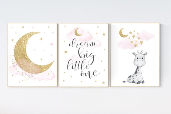 Nursery wall art girl, giraffe nursery, baby room decor girl gold and pink, dream big little one, cloud and stars, nursery wall art