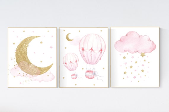 Nursery wall art girl, baby room decor girl gold and pink, moon and star, baby room decor, girl nursery wall art, star nursery, gold nursery