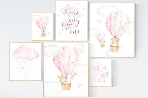 Nursery decor girl woodland, hot air balloon nursery animal, girl nursery wall decor, animal prints for nursery, nursery set for girls