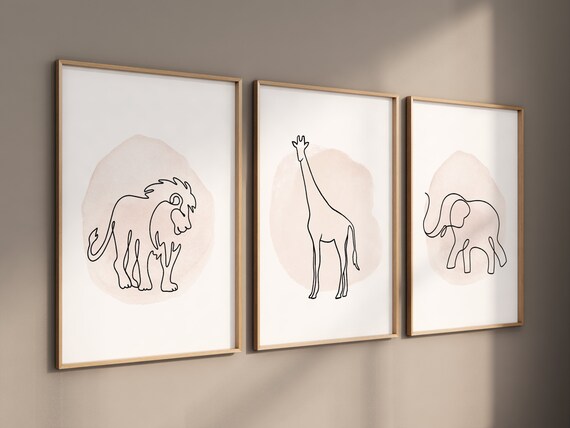 Nursery wall art animals, line art, animal nursery, girls room decor, blush nursery, blush pink nursery, lion, elephant, giraffe, blush