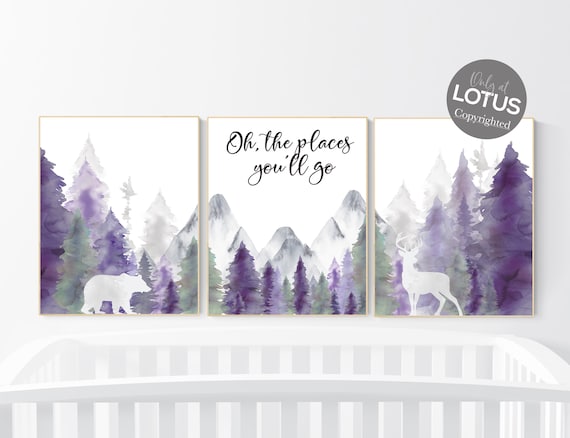 Nursery decor woodland, mountain wall art, tree nursery decor, adventure theme nursery, forest, navy, purple nursery, woodland animals