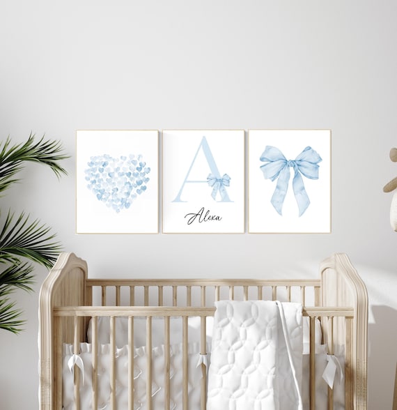 Blue bow nursery prints, Watercolor wall art, Bow nursery print, Blue nursery art set, Watercolor Bow Prints, nursery decor bow