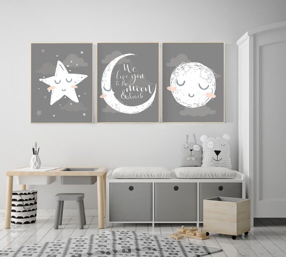 Nursery wall art grey, gray nursery, nursery decor neutral, baby room decor gender neutral, moon and stars, grey nursery decor baby room art