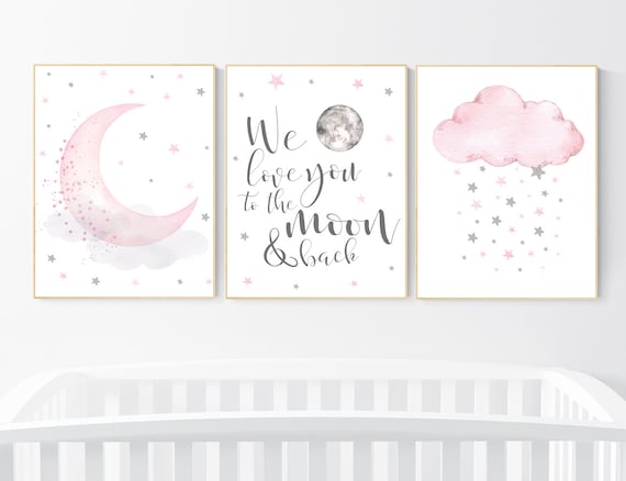 Nursery wall art girl, pink and silver nursery, cloud, stars, pink nursery art, cloud and stars, baby room decor for girls, elephant nursery