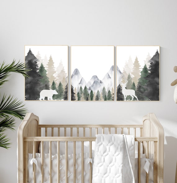 Nursery decor mountain, nursery wall art, tree nursery decor, adventure theme nursery, forest, sage green, beige, woodland animals