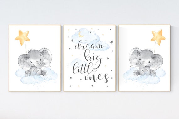 Nursery decor twins, Twin nursery, elephant nursery, moon and stars, dream big little ones, twins room decor, gender neutral, blue yellow