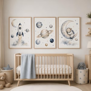 Aquarell Weltraum Kinderzimmer Drucke, Rakete Mond Astronaut Bär Kunst Set