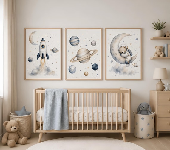 Watercolor Space Nursery Prints, Rocket Moon Astronaut Bear Art Set