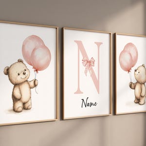 Bär Ballon Kinderzimmer Wand Kunst 3er Set - Personalisierter Baby Name Druck für Mädchen - Blush Rosa Teddybär Baby Zimmer Dekor - Kinderzimmer Poster