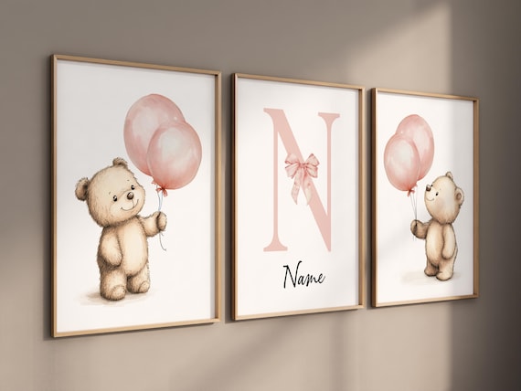 Bear Balloon Nursery Wall Art Set of 3 - Personalized Baby Name Print for Girl - Blush Pink Teddy Bear Baby Room Decor - Nursery Posters