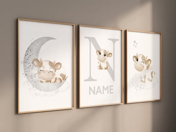 Cow nursery decor, grey nursery, neutral nursery, nursery wall art cow, moon, stars, gender neutral, gray nursery art, gender neutral